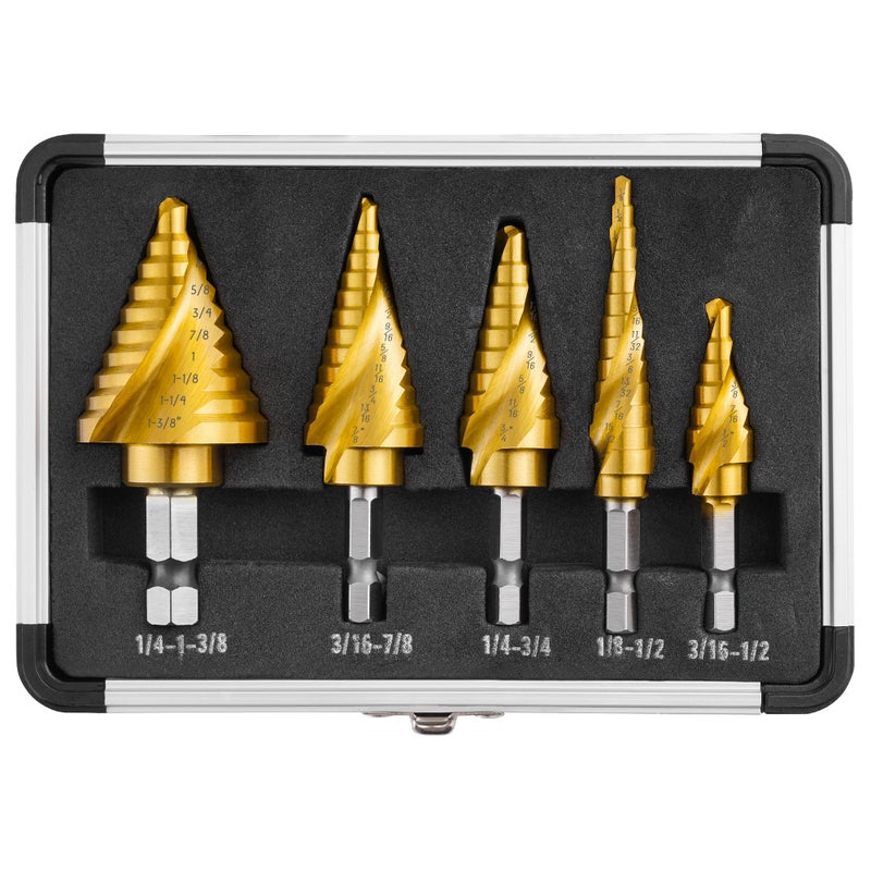 IRONANT Step Drill Bits, 5PCS Spiral Grooved HSS Titanium Step Drill Bit Set, 50 Sizes High Speed Steel Step Bits for Metal with Aluminum Case - Image 1